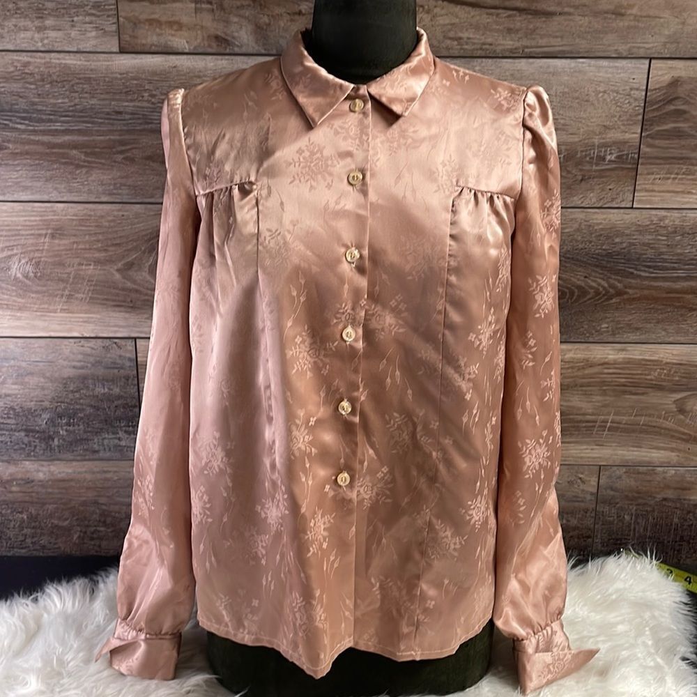 Beautiful Handmade Button Up Blouse, Dusty Rose Silk Feel, Description for Size